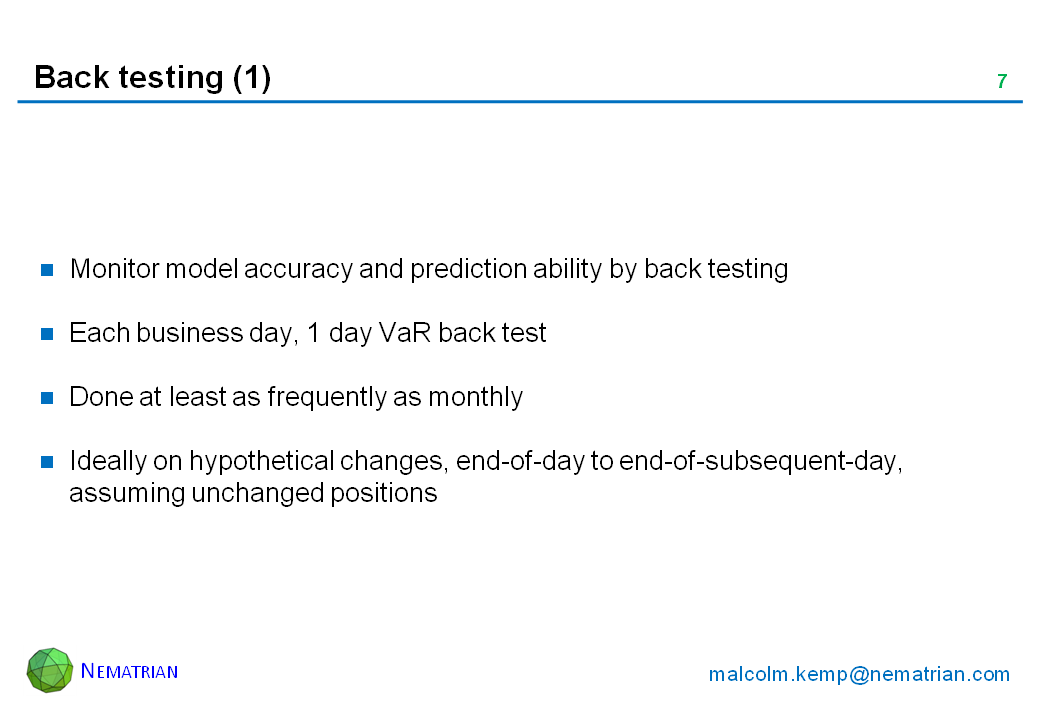 Bullet points include: Monitor model accuracy and prediction ability by back testing. Each business day, 1 day VaR back test. Done at least as frequently as monthly. Ideally on hypothetical changes, end-of-day to end-of-subsequent-day, assuming unchanged positions