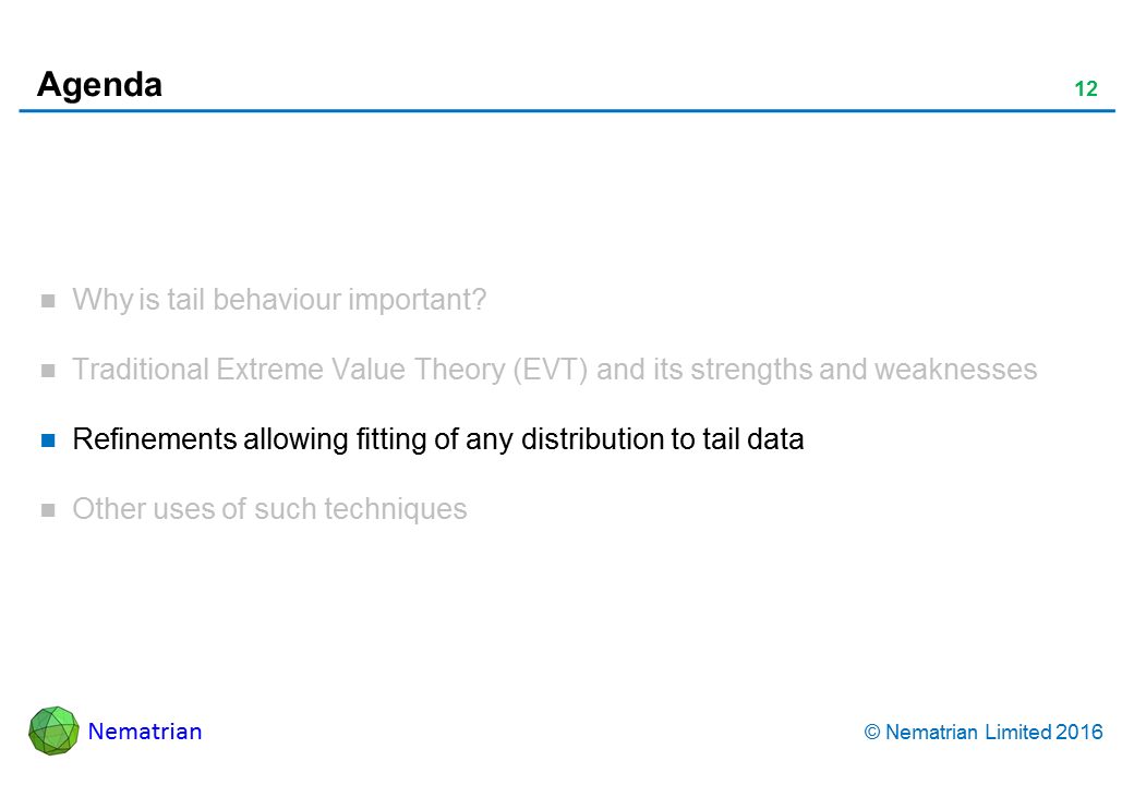 Bullet points include: Refinements allowing fitting of any distribution to tail data