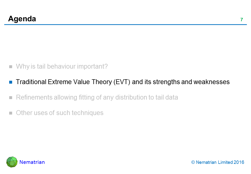 Bullet points include: Traditional Extreme Value Theory (EVT) and its strengths and weaknesses
