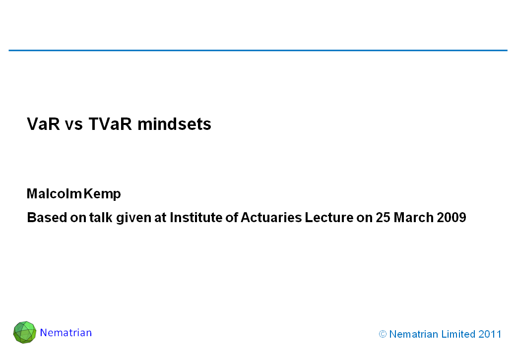 Bullet points include: VaR vs TVaR mindsets. Malcolm Kemp. Based on talk given at Institute of Actuaries Lecture on 25 March 2009