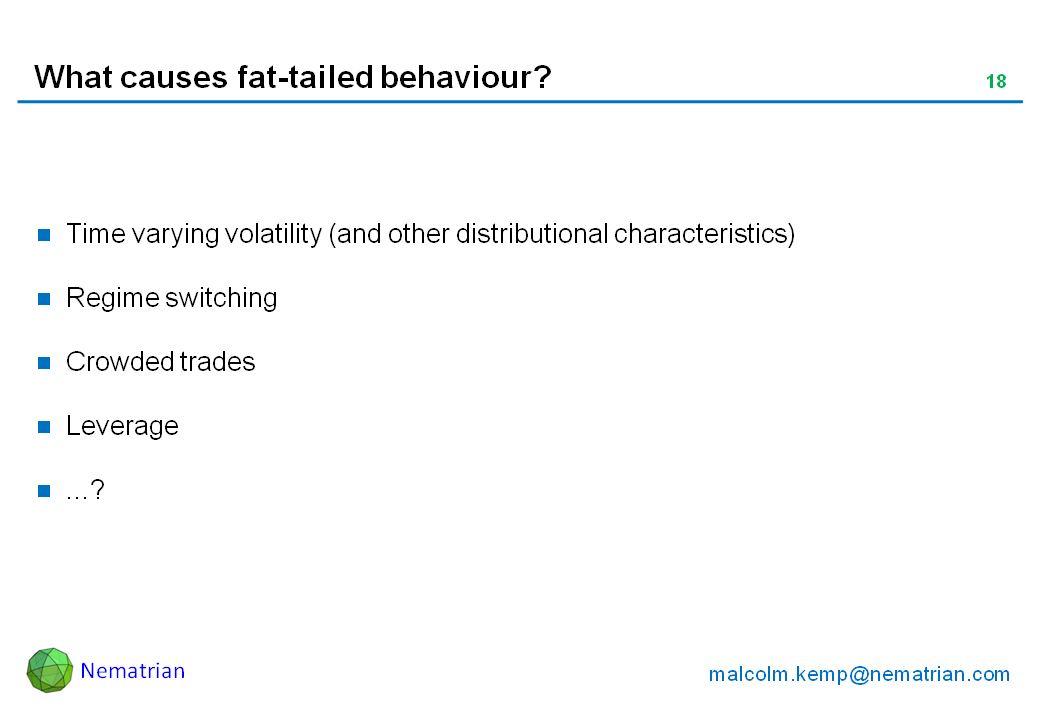 Bullet points include: Time varying volatility (and other distributional characteristics). Regime switching. Crowded trades. Leverage ...?