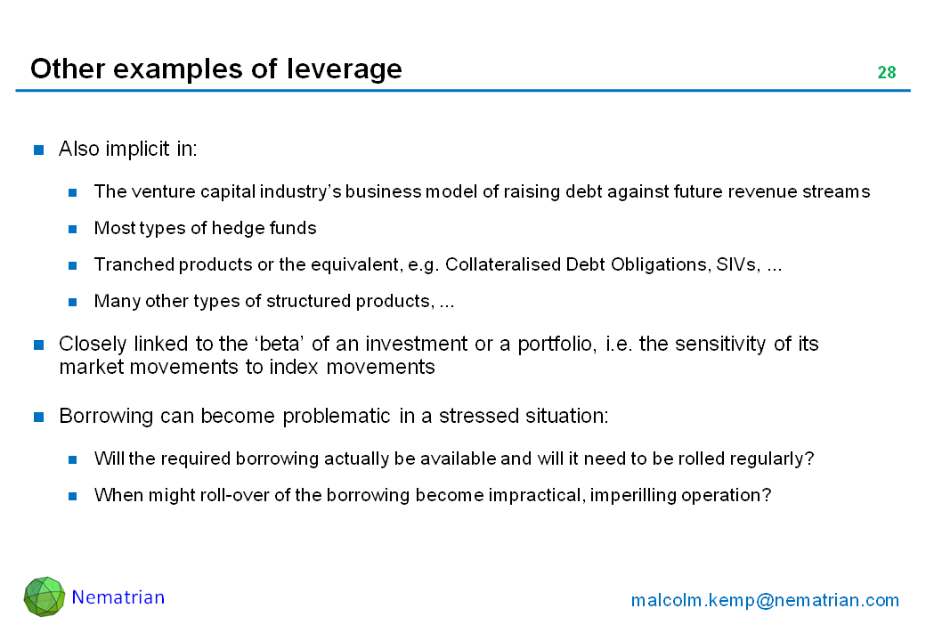 Bullet points include: Also implicit in: The venture capital industry’s business model of raising debt against future revenue streams. Most types of hedge funds. Tranched products or the equivalent, e.g. Collateralised Debt Obligations, SIVs, ... Many other types of structured products, ... Closely linked to the ‘beta’ of an investment or a portfolio, i.e. the sensitivity of its market movements to index movements. Borrowing can become problematic in a stressed situation: Will the required borrowing actually be available and will it need to be rolled regularly? When might roll-over of the borrowing become impractical, imperilling operation?