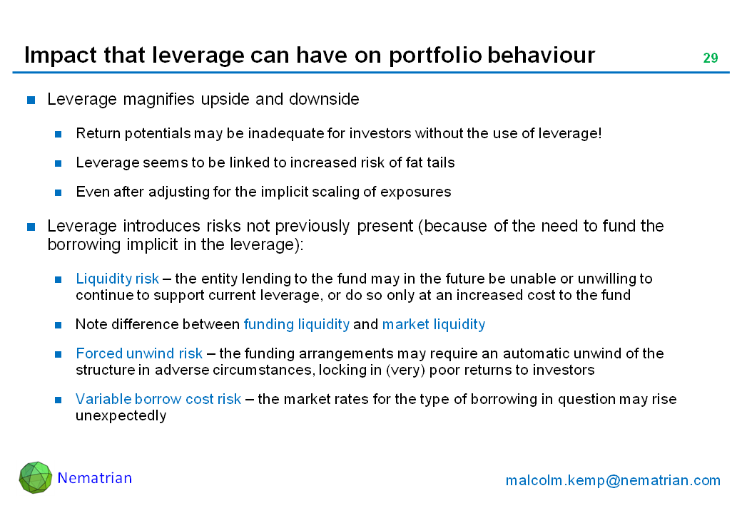 Bullet points include: Leverage magnifies upside and downside. Return potentials may be inadequate for investors without the use of leverage! Leverage seems to be linked to increased risk of fat tails. Even after adjusting for the implicit scaling of exposures. Leverage introduces risks not previously present (because of the need to fund the borrowing implicit in the leverage): Liquidity risk – the entity lending to the fund may in the future be unable or unwilling to continue to support current leverage, or do so only at an increased cost to the fund. Note difference between funding liquidity and market liquidity. Forced unwind risk – the funding arrangements may require an automatic unwind of the structure in adverse circumstances, locking in (very) poor returns to investors. Variable borrow cost risk – the market rates for the type of borrowing in question may rise unexpectedly