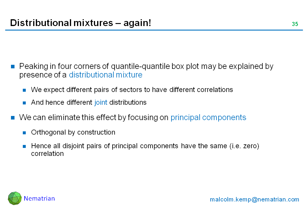 Bullet points include: Peaking in four corners of quantile-quantile box plot may be explained by presence of a distributional mixture. We expect different pairs of sectors to have different correlations. And hence different joint distributions. We can eliminate this effect by focusing on principal components. Orthogonal by construction. Hence all disjoint pairs of principal components have the same (i.e. zero) correlation