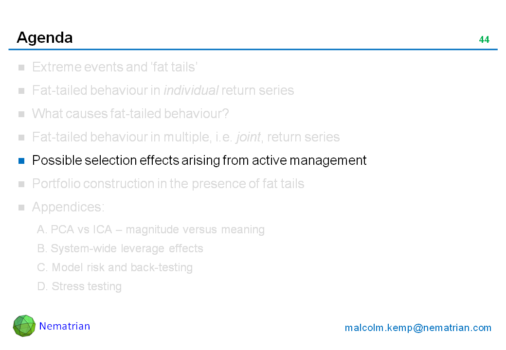 Bullet points include: Possible selection effects arising from active management
