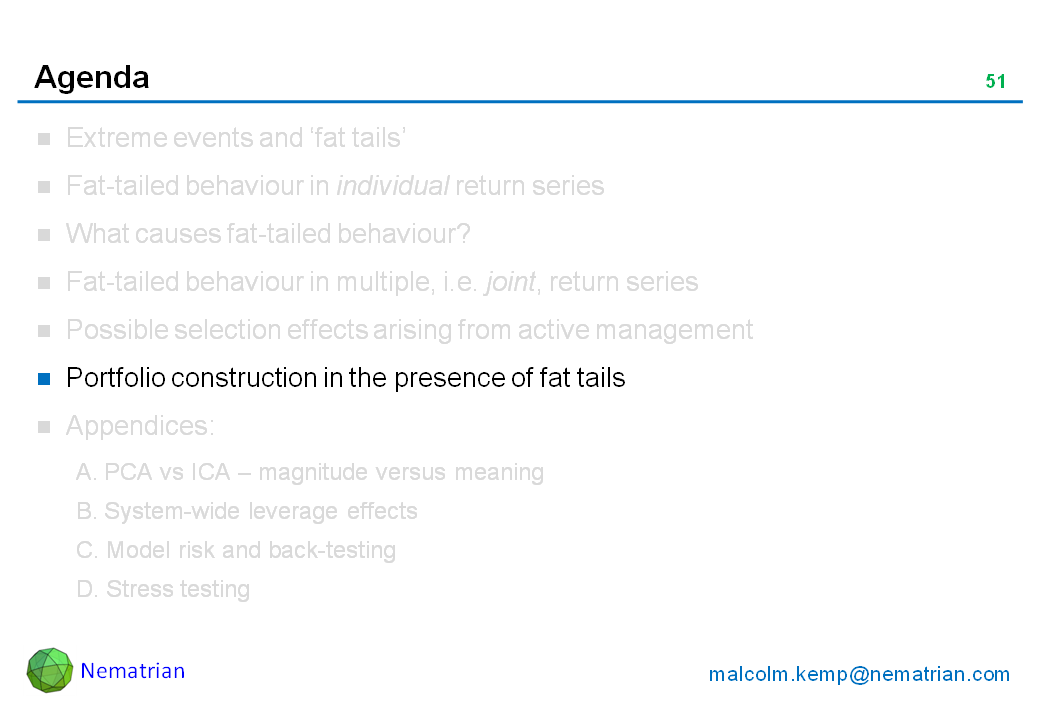 Bullet points include: Portfolio construction in the presence of fat tails